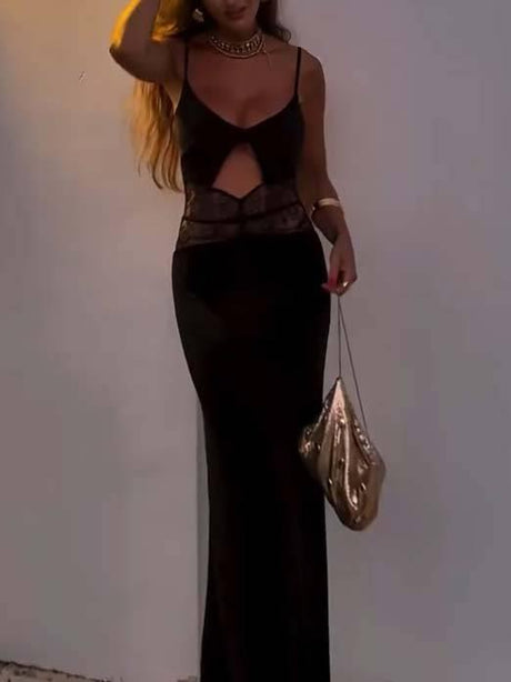 Aurohaya Sexy Lace Splicing Hollow Design Maxi Dress