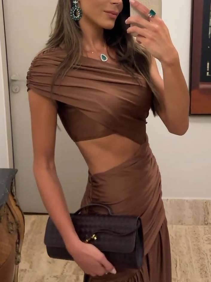 Aurohaya Unique Off-shoulder Waist Hollow Maxi Dress