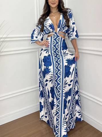 Aurohaya Waist Hollow Bat Sleeve Dress Blue