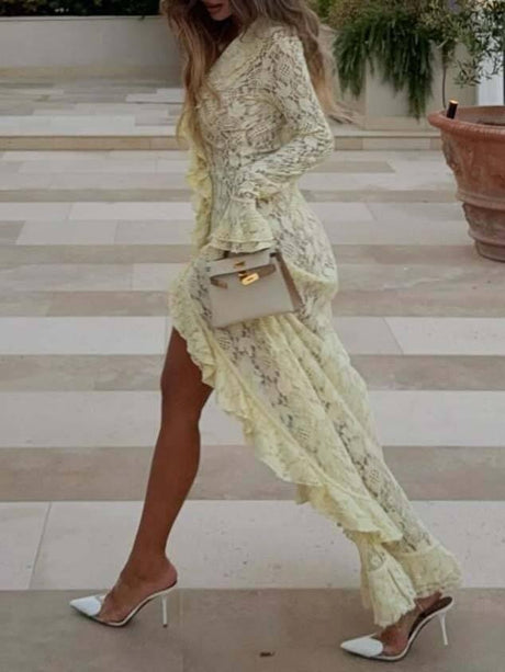 Aurohaya Ruffled Lace Front Slit Maxi Dress