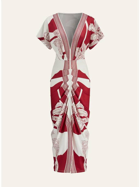 Aurohaya Distinctive Printed V-Neck Midi Dress Red