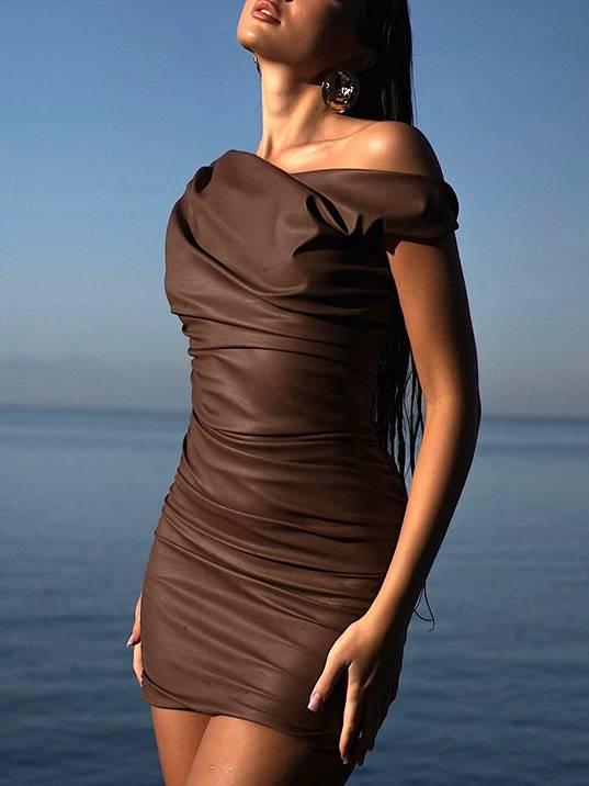 Aurohaya Imitation Leather Skew Shoulder Kink Fold Mini Dress