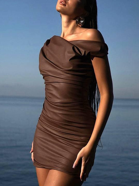 Aurohaya Imitation Leather Skew Shoulder Kink Fold Mini Dress