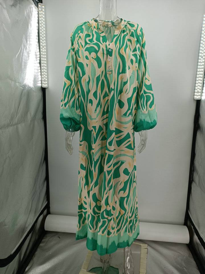 Aurohaya Printed V-neck Long-sleeved Loose Dress