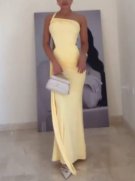 Aurohaya Unique Asymmetric Design Waist Hollow Backless Maxi Dress Yellow