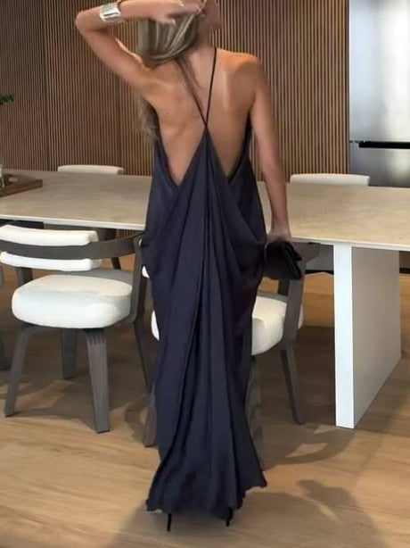 Aurohaya Minimalist Halter Neck Backless Maxi Dress