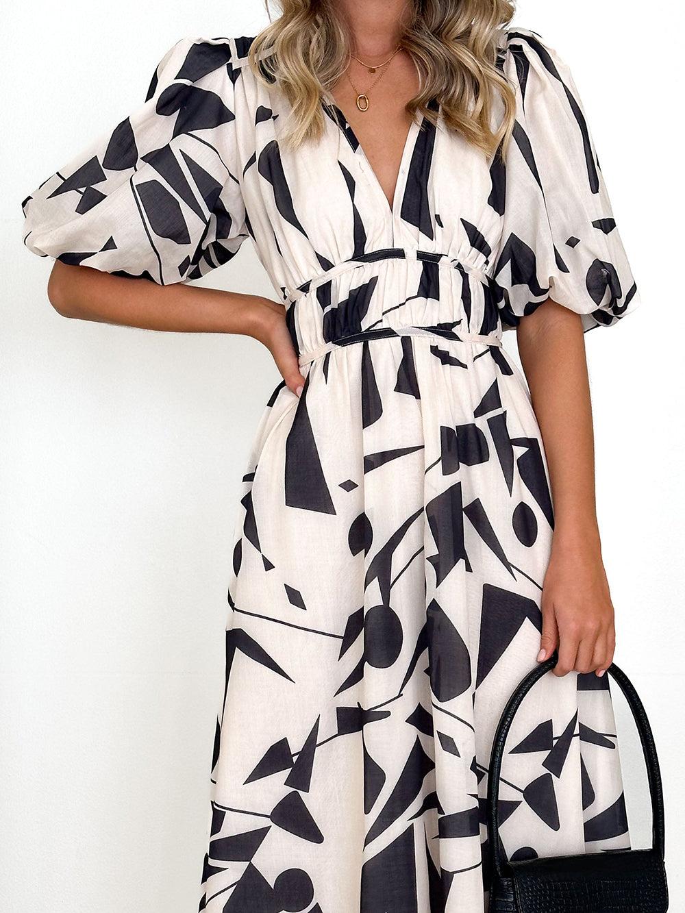 Aurohaya Sakura Midi Dress - Beige Geo