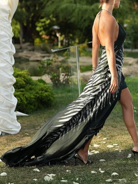 Aurohaya Zebra-Print Irregular Hem Sling Maxi Dress