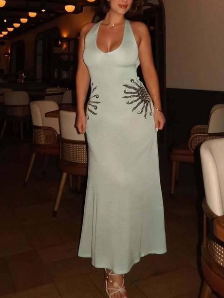 Aurohaya Sequined V-neck Backless Knit Maxi Dress