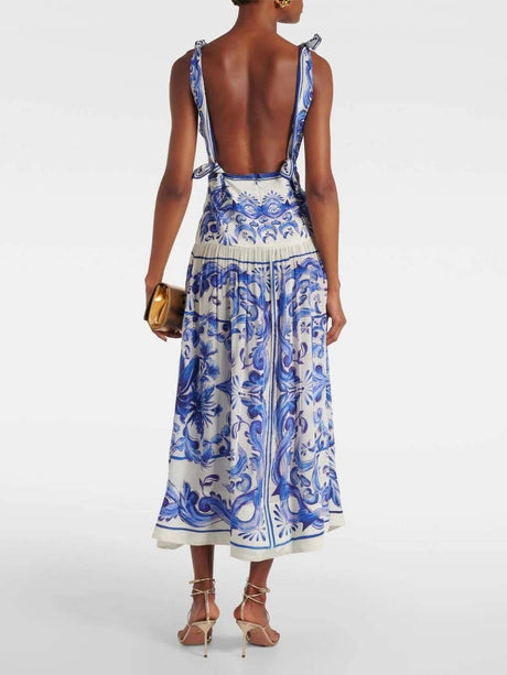 Aurohaya Printed Lace-Up Midi Dress