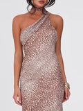 Sloping Shoulder Halterneck Long Ribbon Leopard Backless Dress