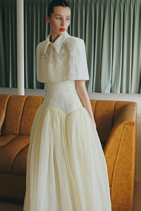 Aurohaya Brooke White Lace Panel Cape & Dress Set