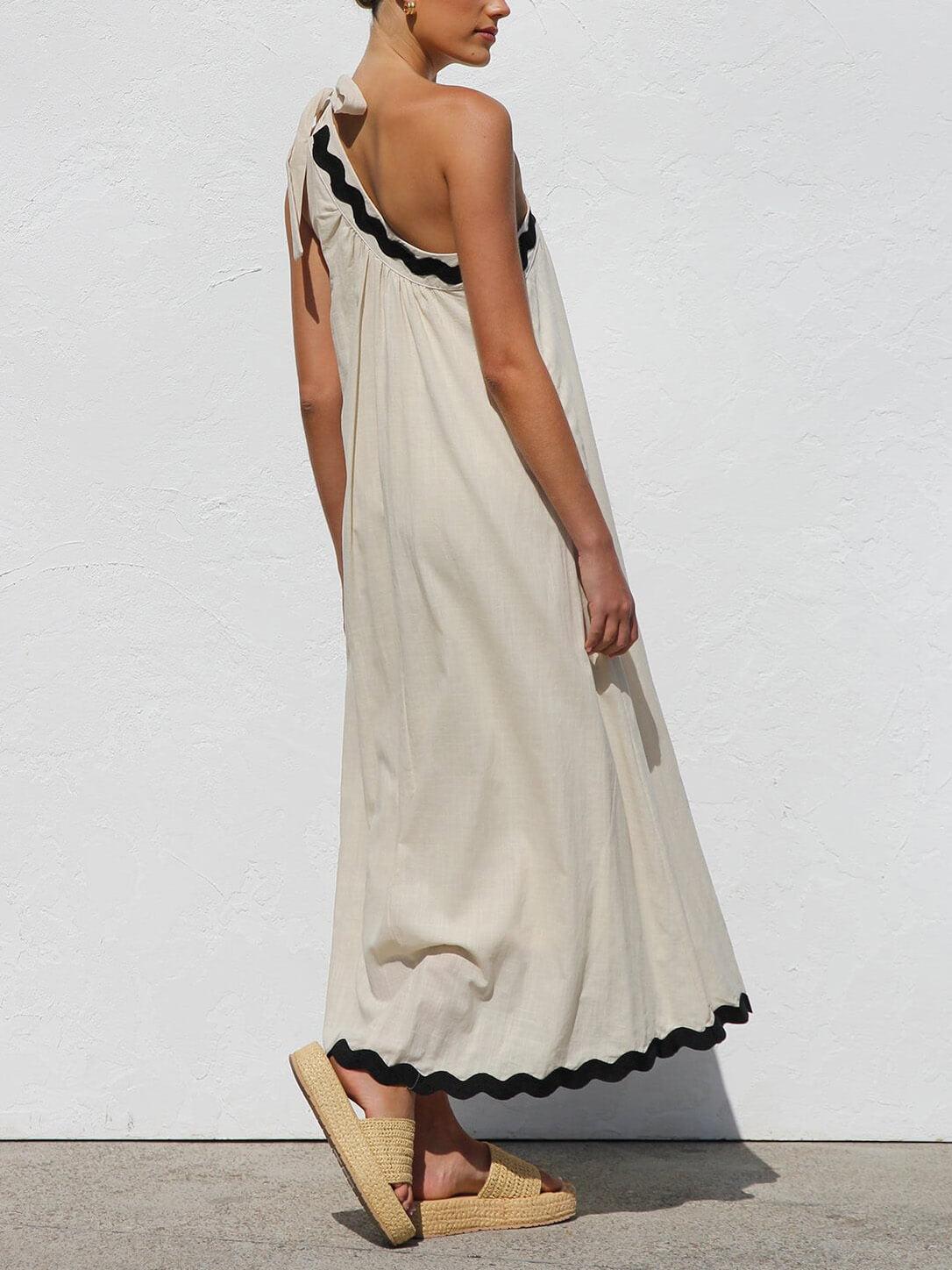 Aurohaya Classic Contrast Lace One-shoulder Spaghetti Strap Midi Dress