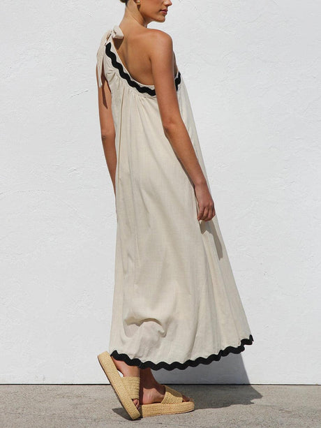 Aurohaya Classic Contrast Lace One-shoulder Spaghetti Strap Midi Dress