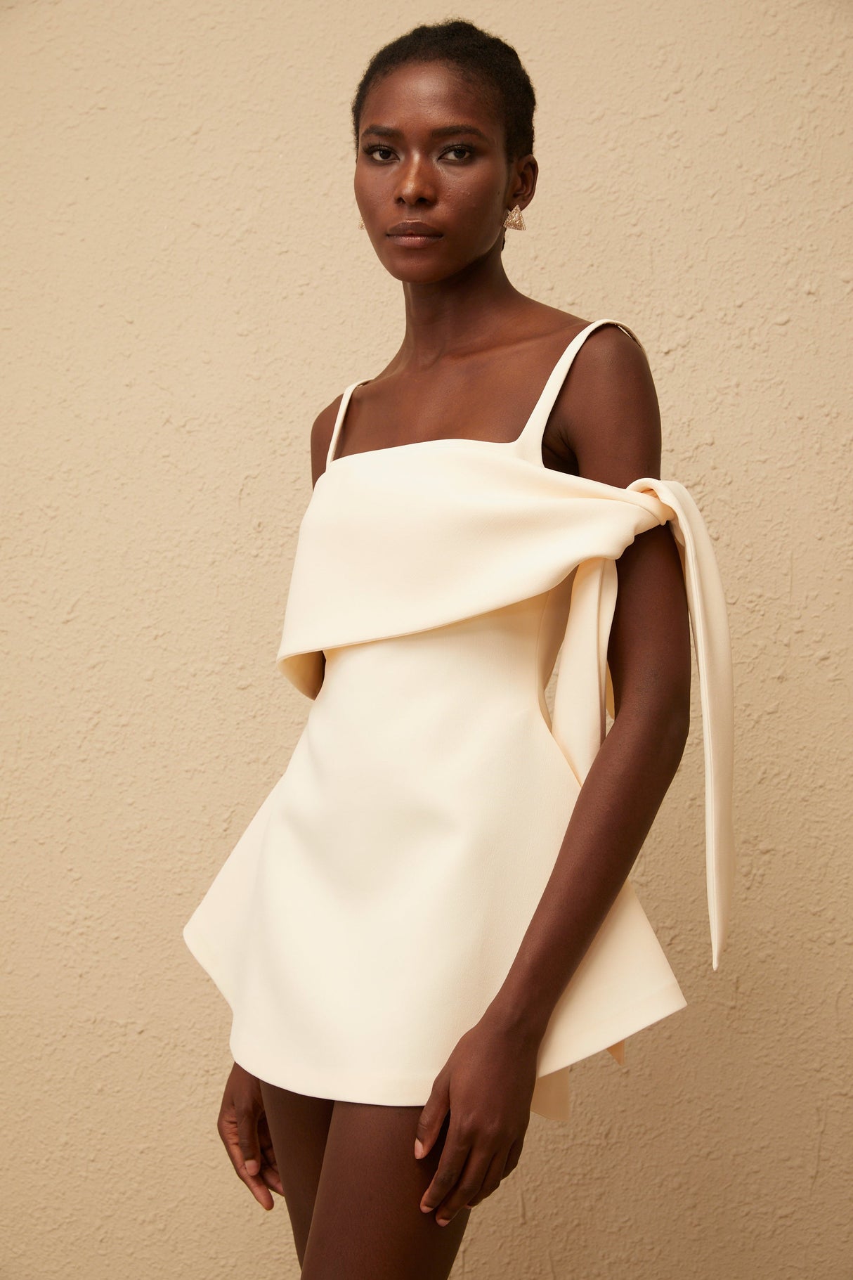 Aurohaya Garance Cream White Self Tie Flared Mini Dress