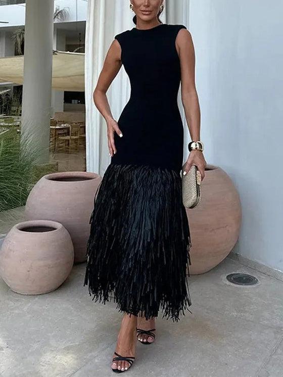 Aurohaya Elegant Raffia Fringed Midi Dress Black