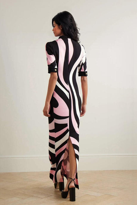 Aurohaya Retro-Inspired Unique Printed Satin Crinkle Maxi Dress