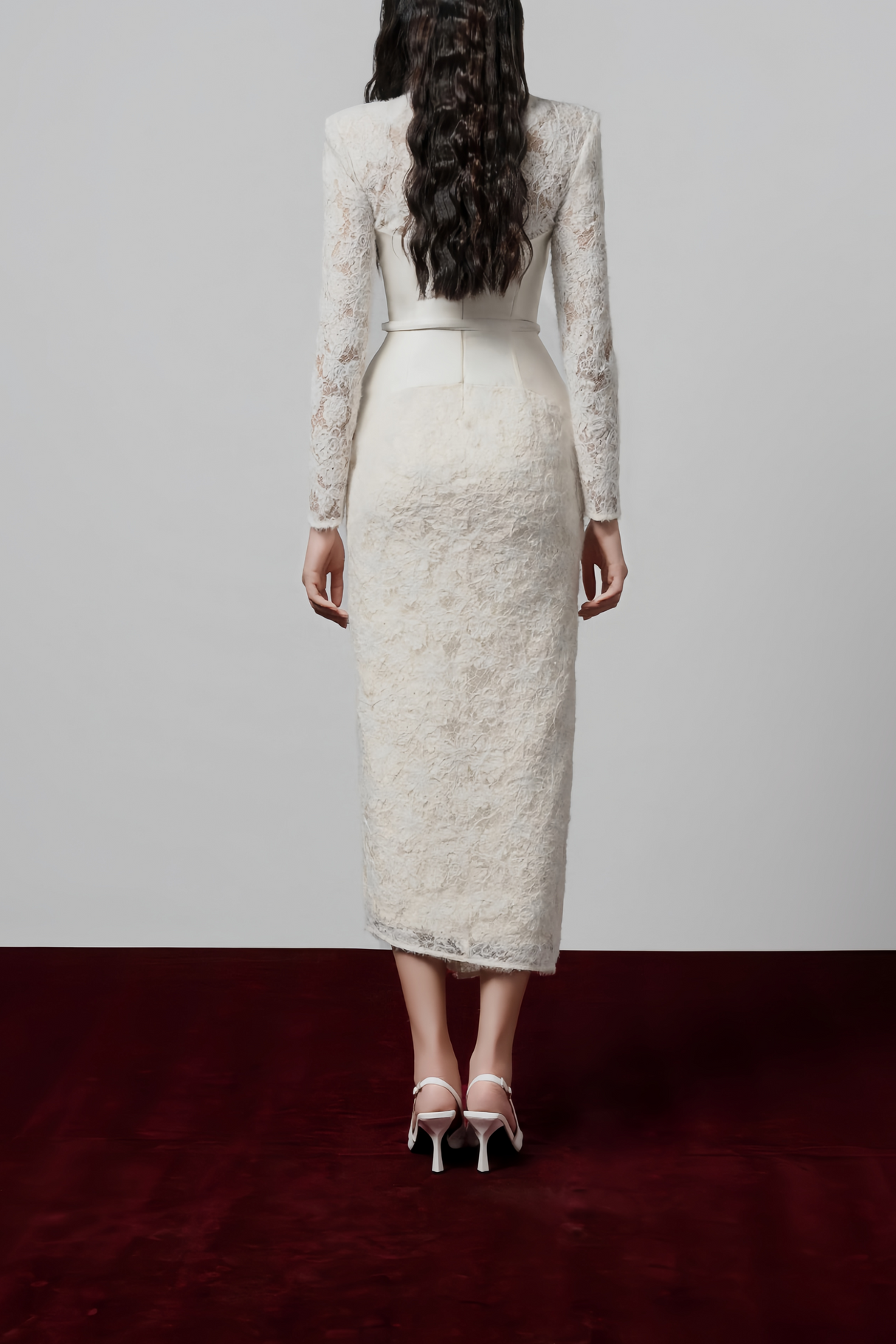 Aurohaya Oona White Floral Lace Pencil Midi Dress