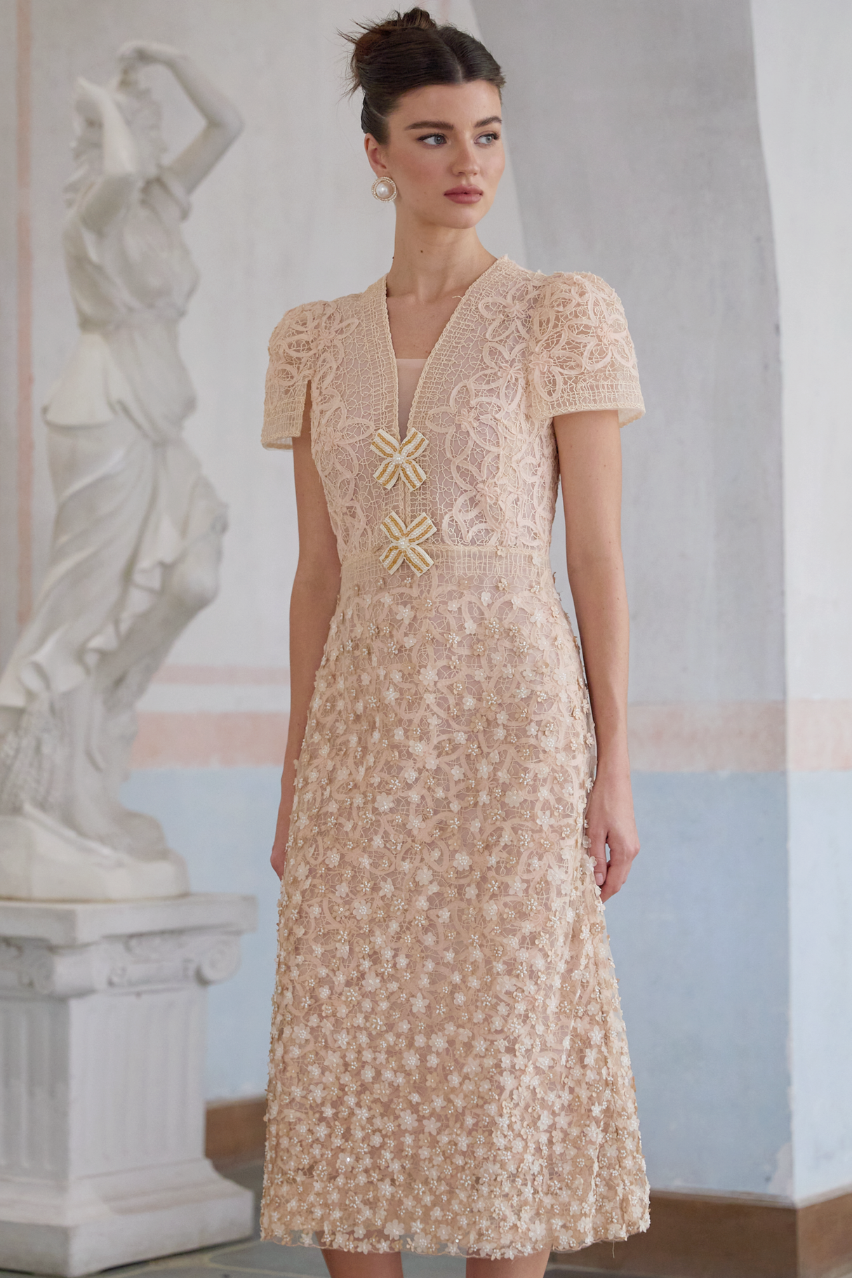 Aurohaya Bérengère Neutrals Faux-flower Crochet Midi Dress