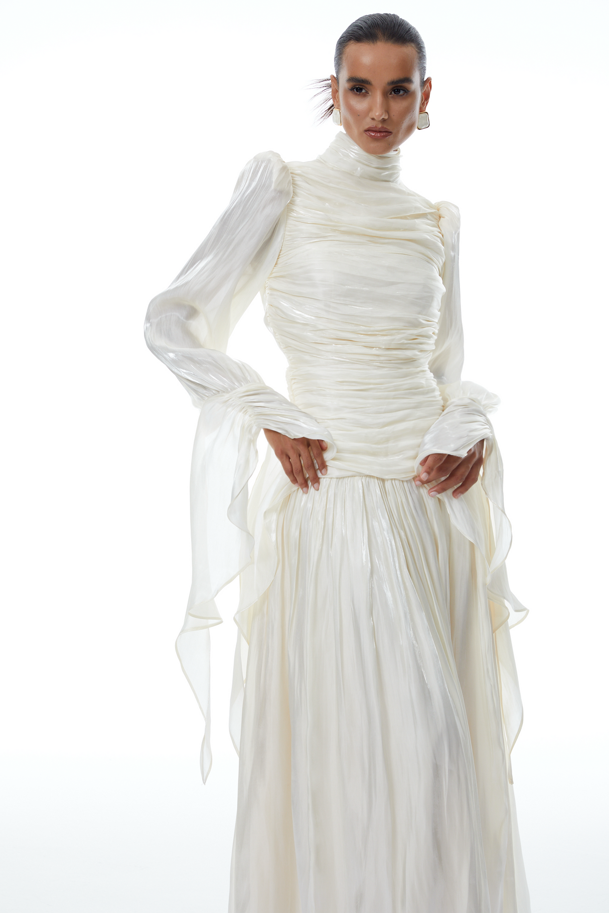 Aurohaya Sarolta Neutral Glossy Ruched Maxi Dress