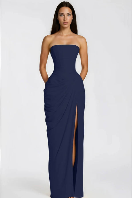 Aurohaya Azalée Strapless Draped High-Slit Maxi Dress Navy