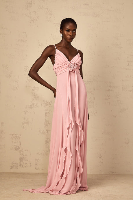 Aurohaya Ysandre Soft-Pink 3D Petal Tulle Maxi Dress