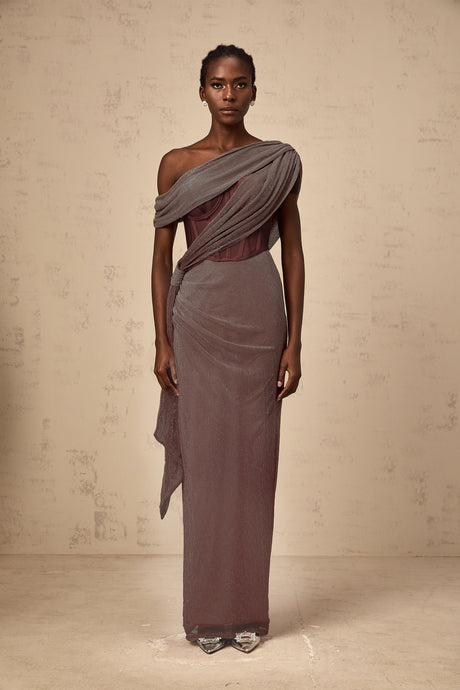 Aurohaya Delphine ribbon-design corset maxi dress in Brown