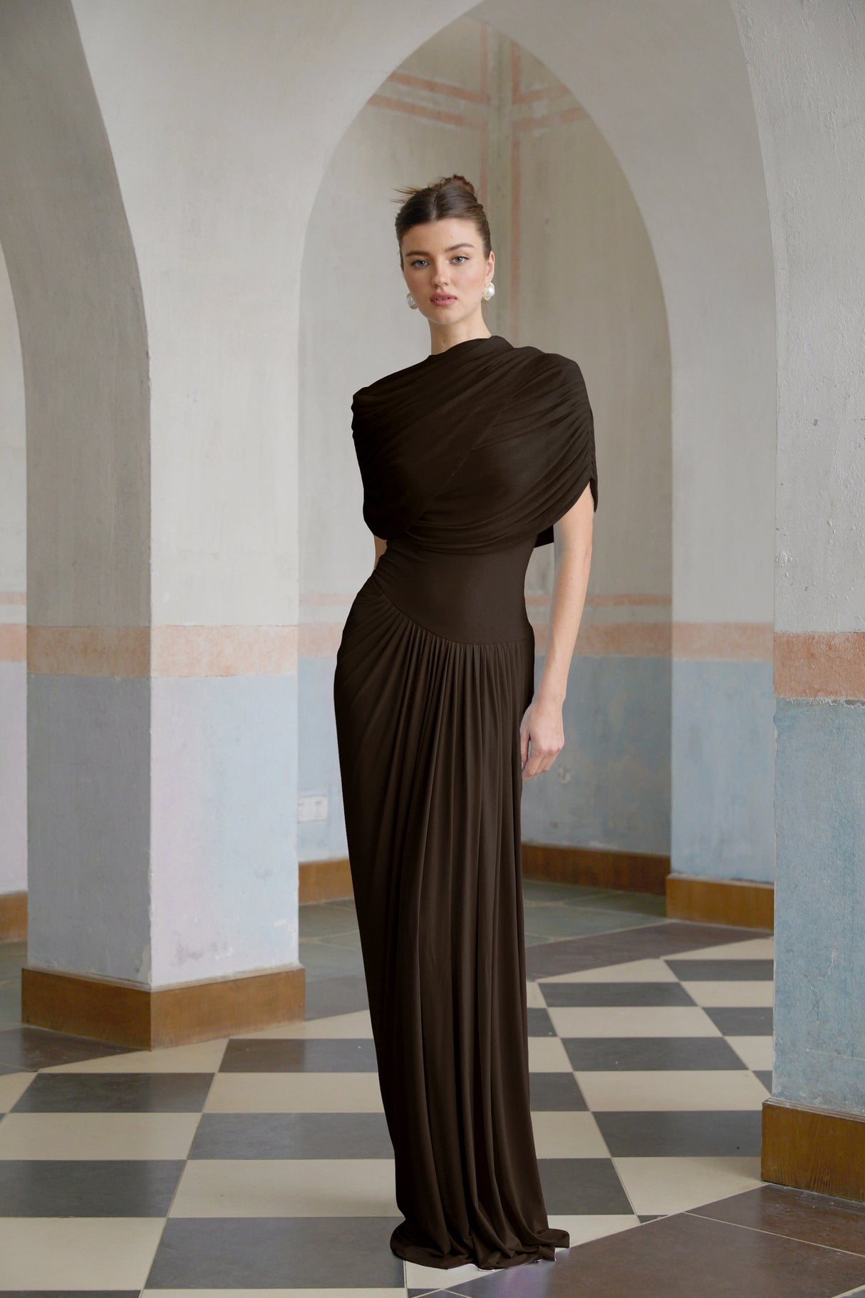 Aurohaya Catherine asymmetrical pleated maxi dress in Brown
