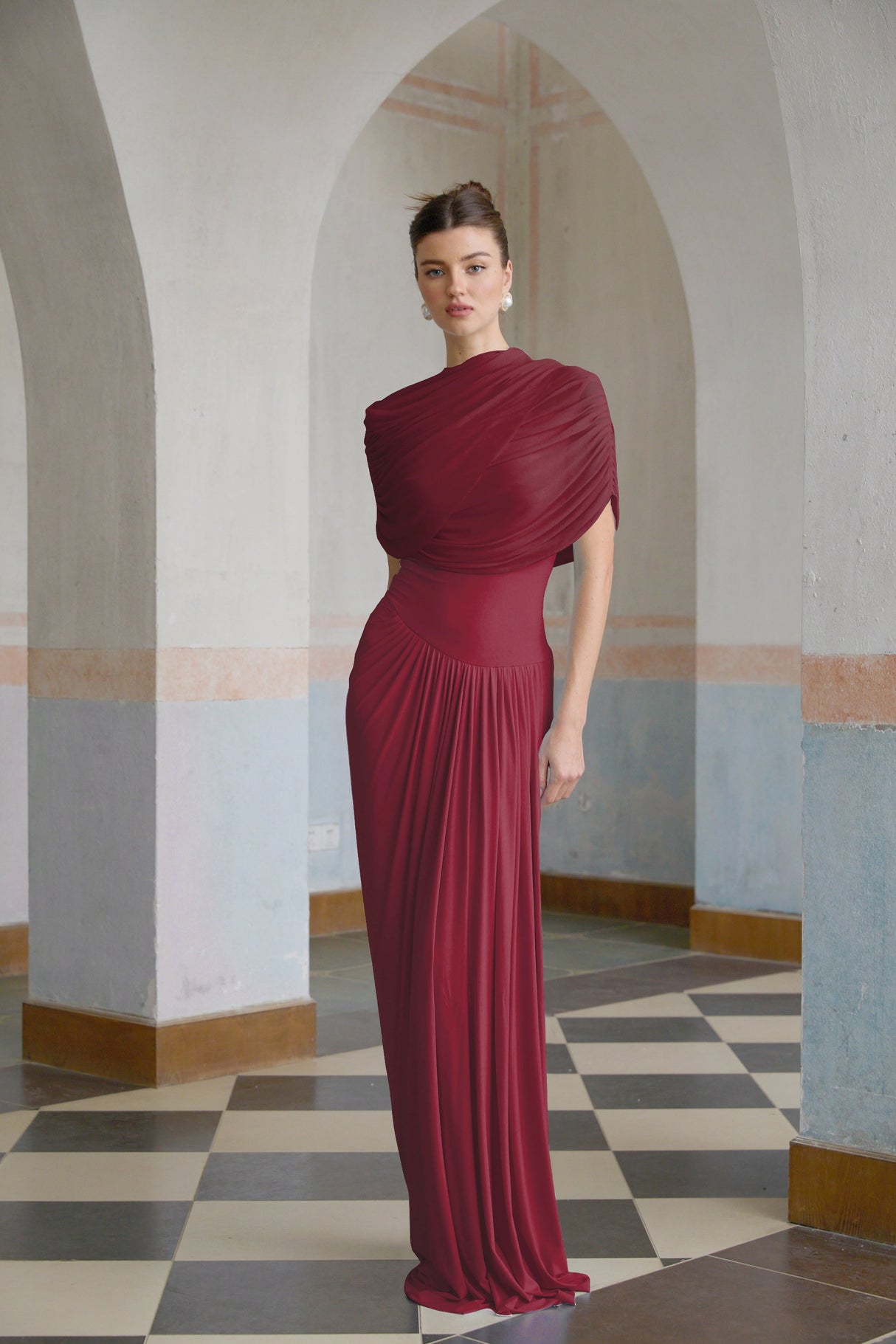 Aurohaya Catherine asymmetrical pleated maxi dress in Red