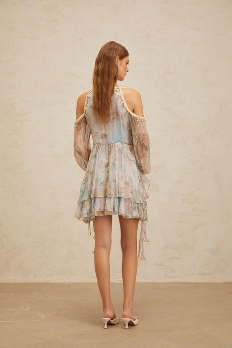 Aurohaya Glannon Blue Floral Print Silk Mini Dress