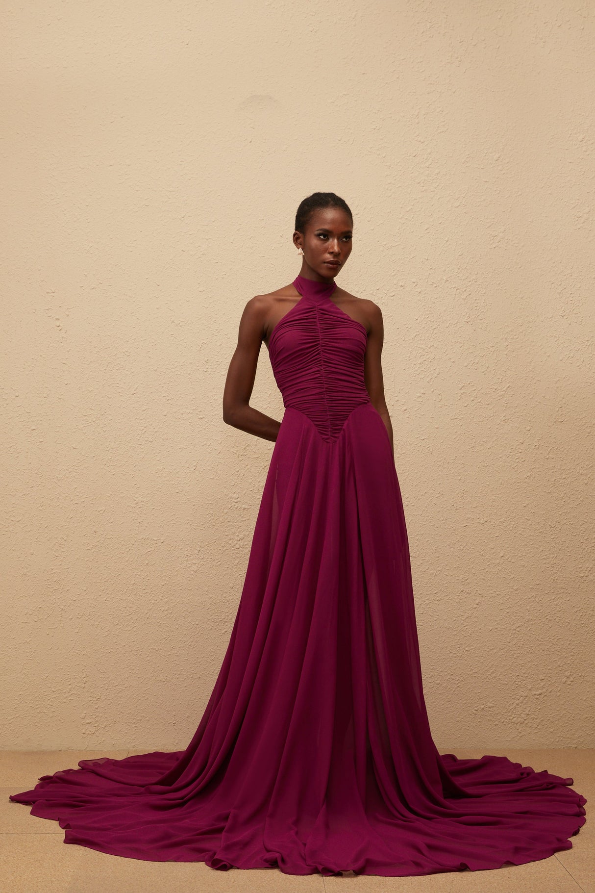 Aurohaya Kerstin Purple Train Design Ruched Maxi Dress