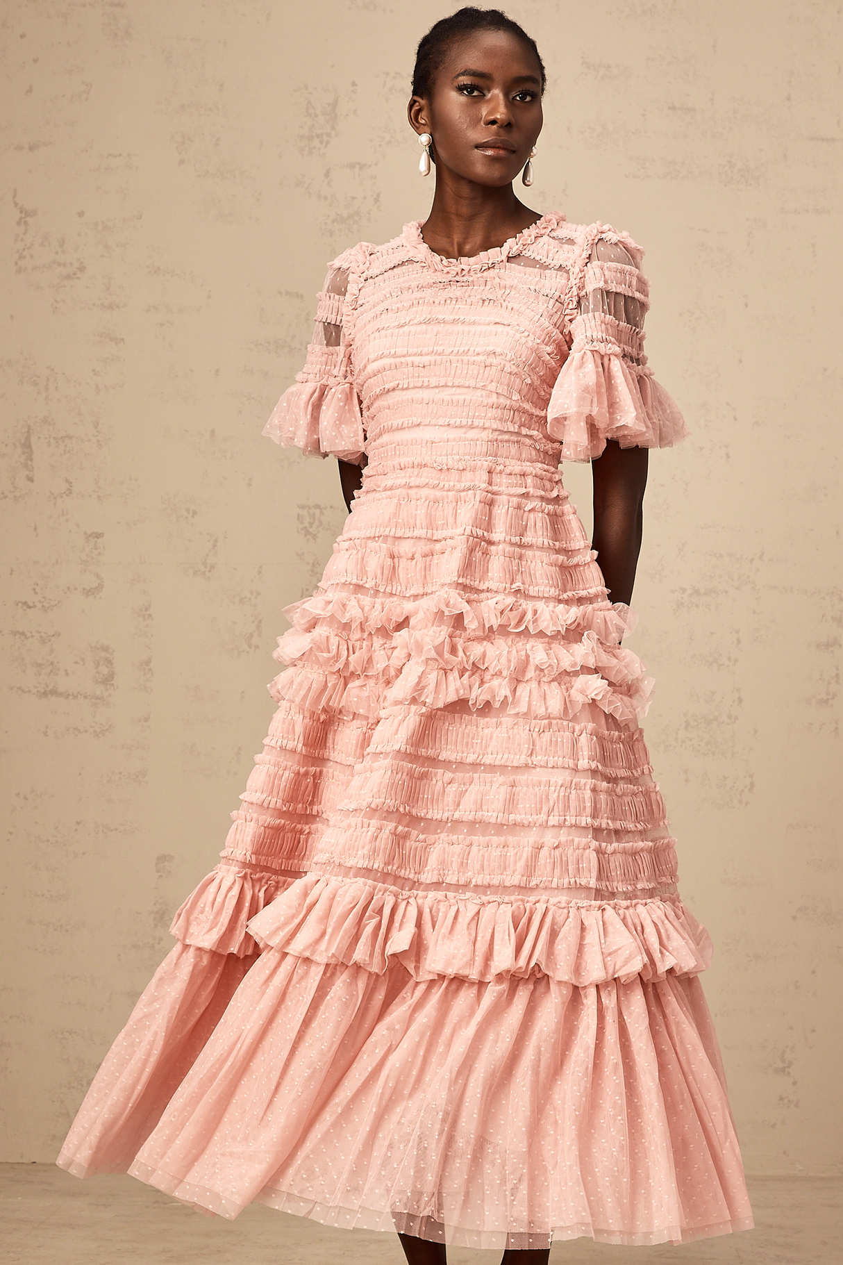 Aurohaya Aimée pink dot-detail ruffled tulle midi dress