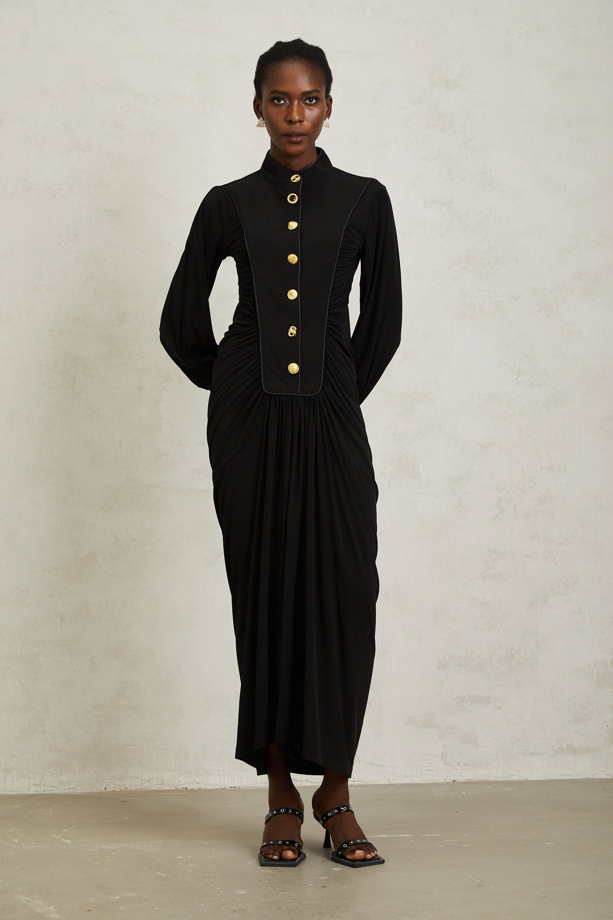 Aurohaya Brooklyn Black Gathered Draped Maxi Dress