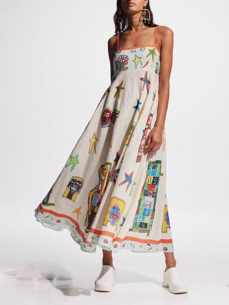 Aurohaya Unique Graffiti Print Suspenders Long Swing Midi Dress White
