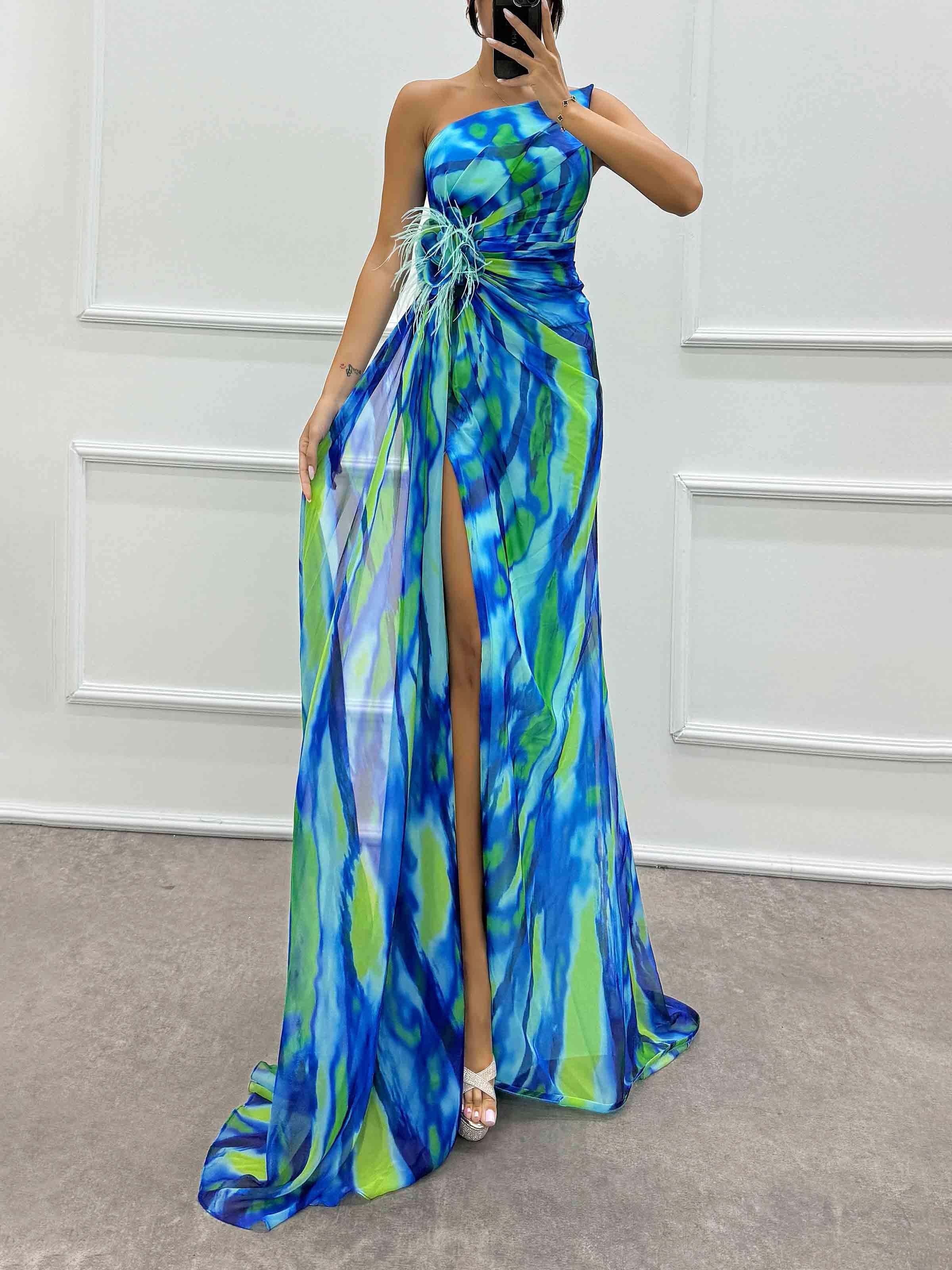 Aurohaya Elegant Painted Floral Print Feather Rose Maxi Dress Blue
