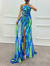 Aurohaya Elegant Painted Floral Print Feather Rose Maxi Dress Blue