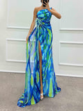 Aurohaya Elegant Painted Floral Print Feather Rose Maxi Dress Blue