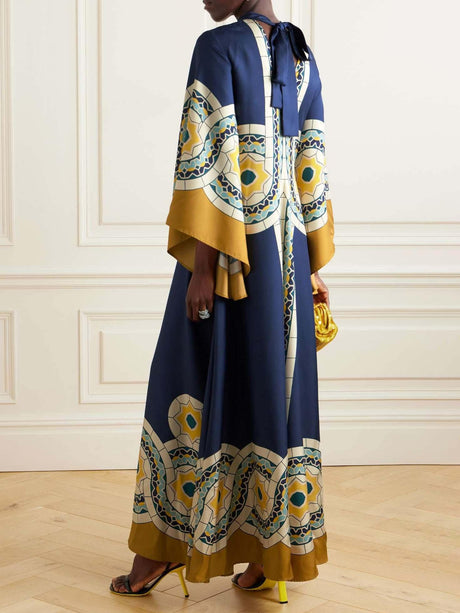 Aurohaya Elegant Vintage Art Print Maxi Dress