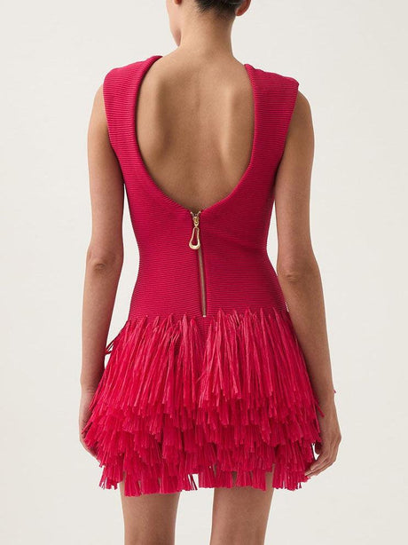 Aurohaya Elegant Raffia Layered Fringed Knitted Mini Dress