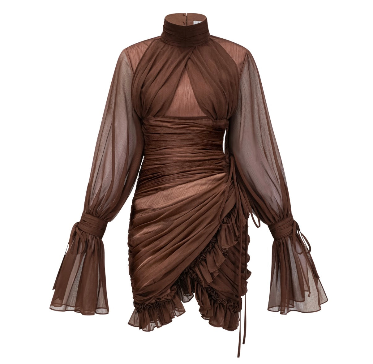Aurohaya Jade Brown Ruched Tulle Mini Dress