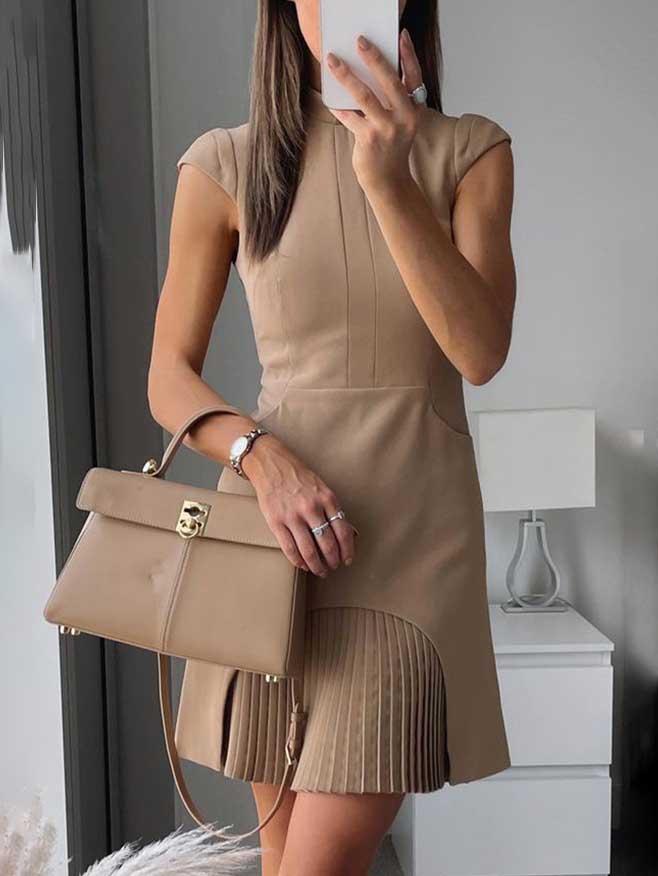 Aurohaya Elegant Cap Sleeve Pleated Mini Dress Apricot