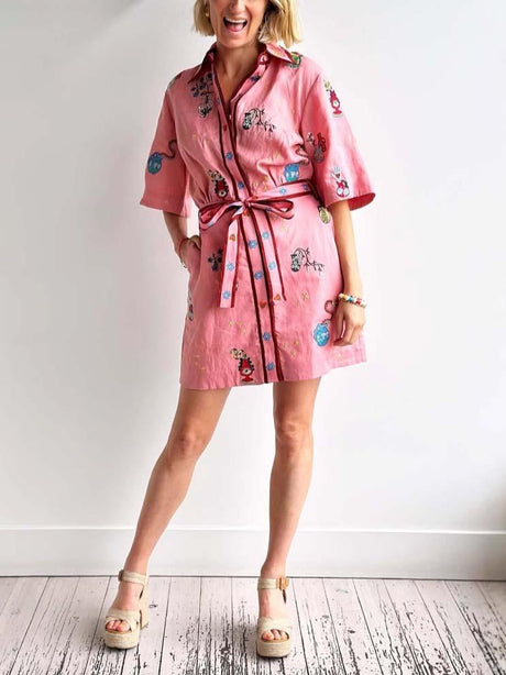 Aurohaya Casual Printed Shirt Collar Single-breasted Mini Dress