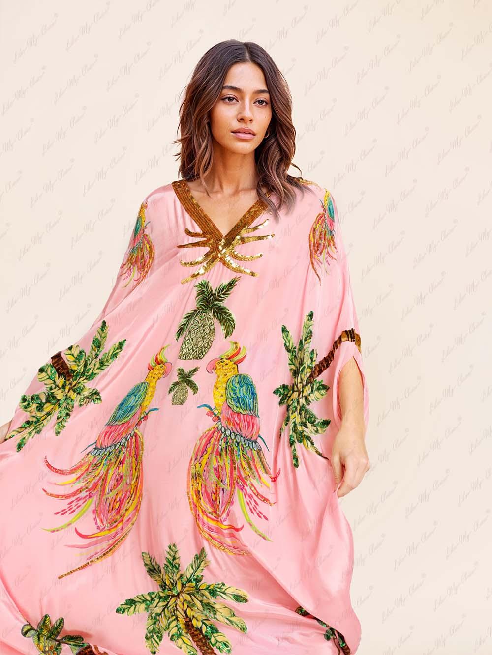 Aurohaya Unique Drop Shoulder Sleeve Coconut Tree Printed Dress