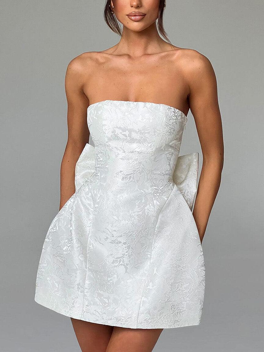 Aurohaya Fashionable And Sexy Jacquard Tube Top Bow Mini Dress