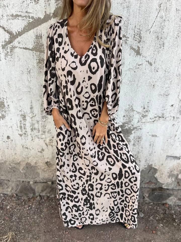 Aurohaya Leopard Print V-neck Pullover Long-sleeved Loose Dress Apricot