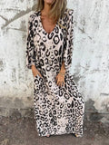 Aurohaya Leopard Print V-neck Pullover Long-sleeved Loose Dress Apricot