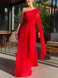 Aurohaya Elegant Flowing Pleated Off-the-Shoulder Maxi Dress Red