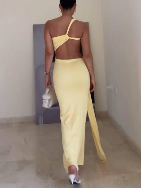 Aurohaya Unique Asymmetric Design Waist Hollow Backless Maxi Dress