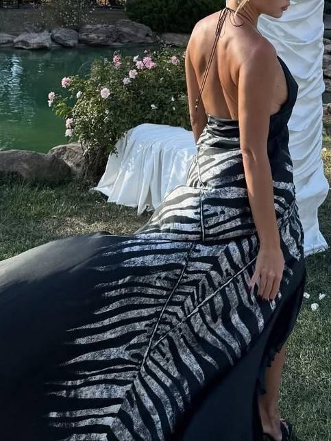 Aurohaya Zebra-Print Irregular Hem Sling Maxi Dress