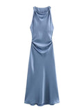 Aurohaya Sleeveless Satin Maxi Dress Blue
